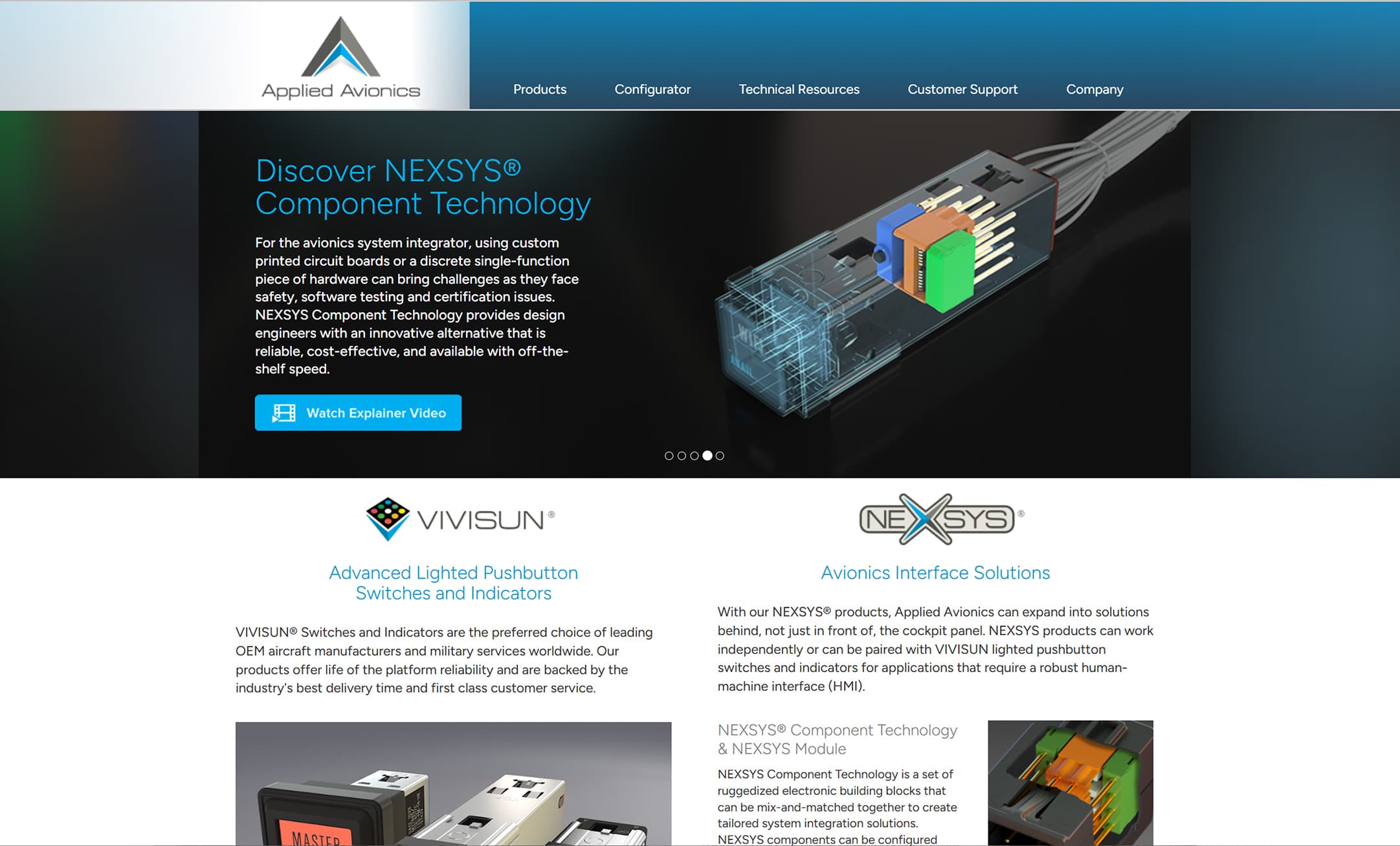 Homepage — the NEXSYS Component Technology hero and the VIVISUN/NEXSYS brand split I designed