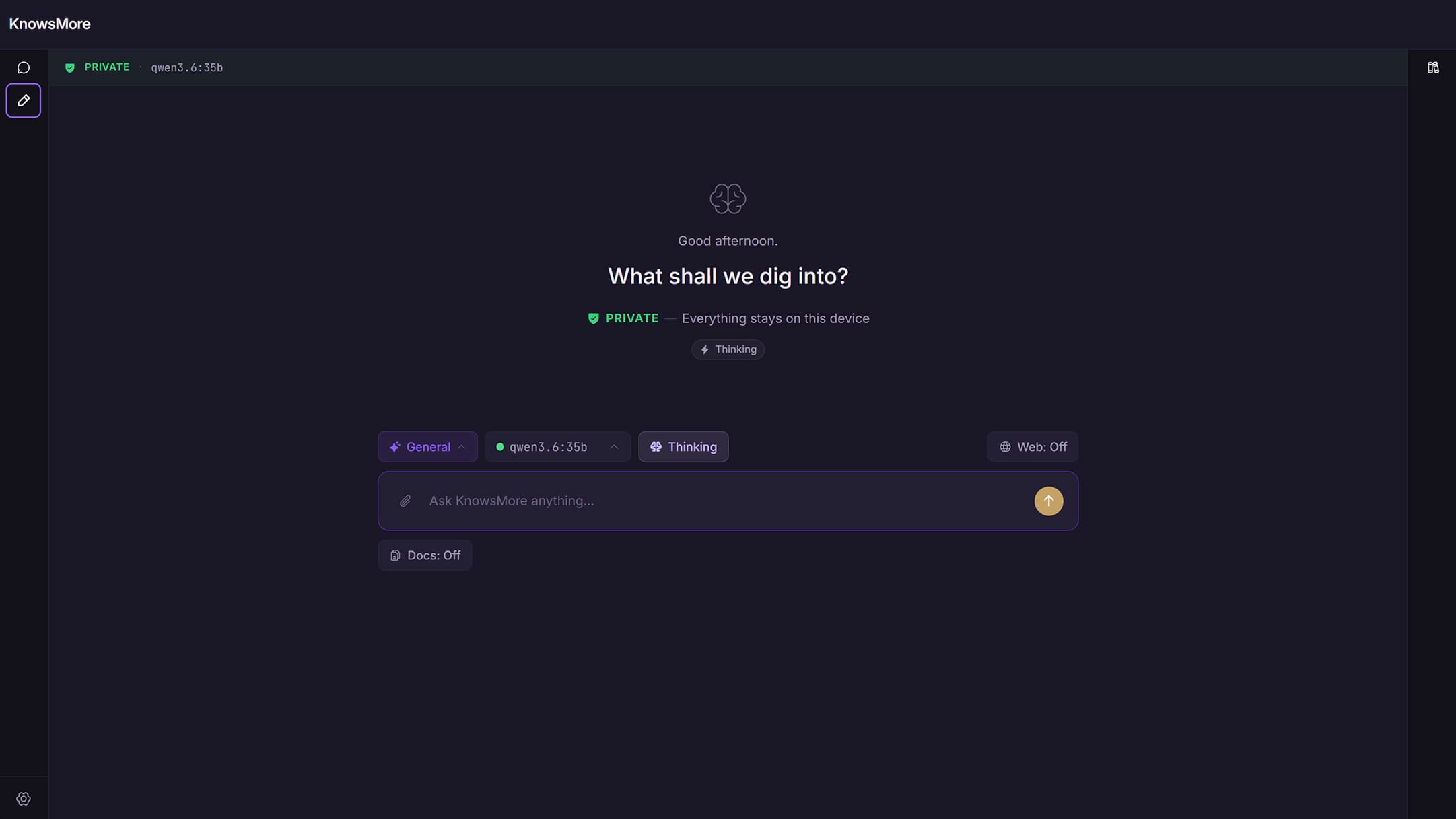 New chat, private mode — local model, zero cloud exposure by default