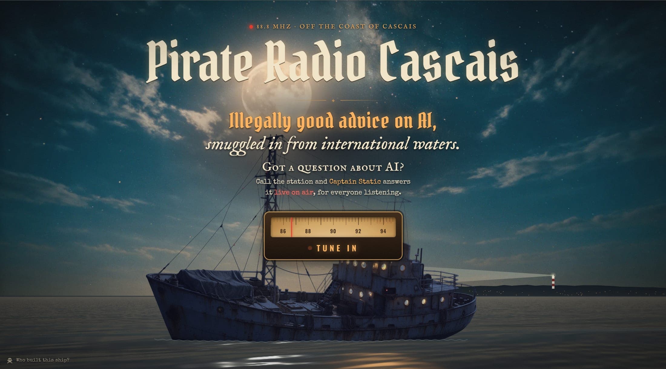 Tune in — the landing scene, dial glowing at 88.8 MHz off the coast of Cascais