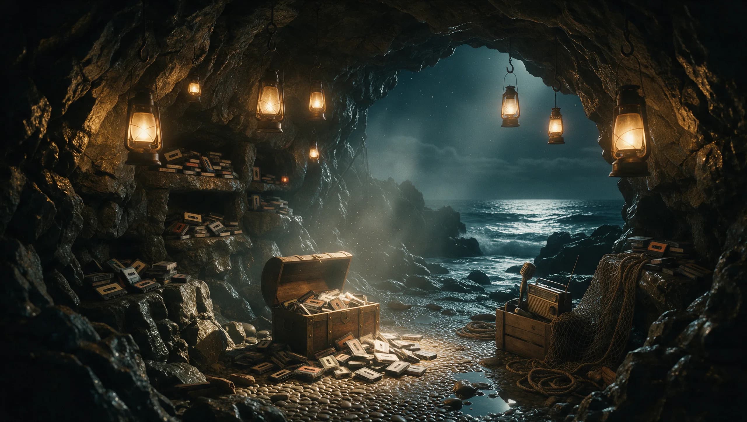 The Pirate's Cave — a lantern-lit sea cave where every call is stashed on tape