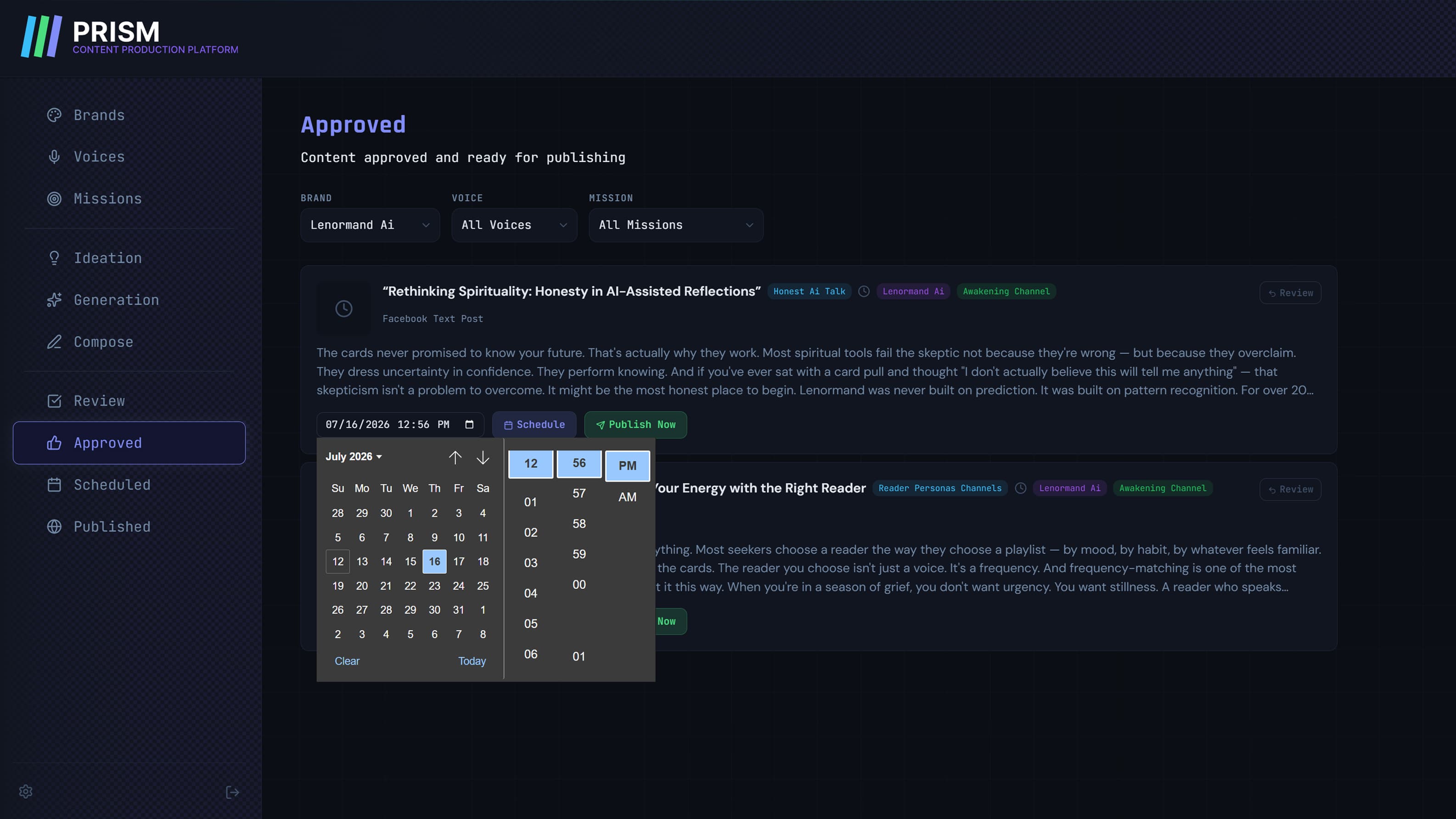 Scheduling — approved content gets an exact publish date and time, set by a human