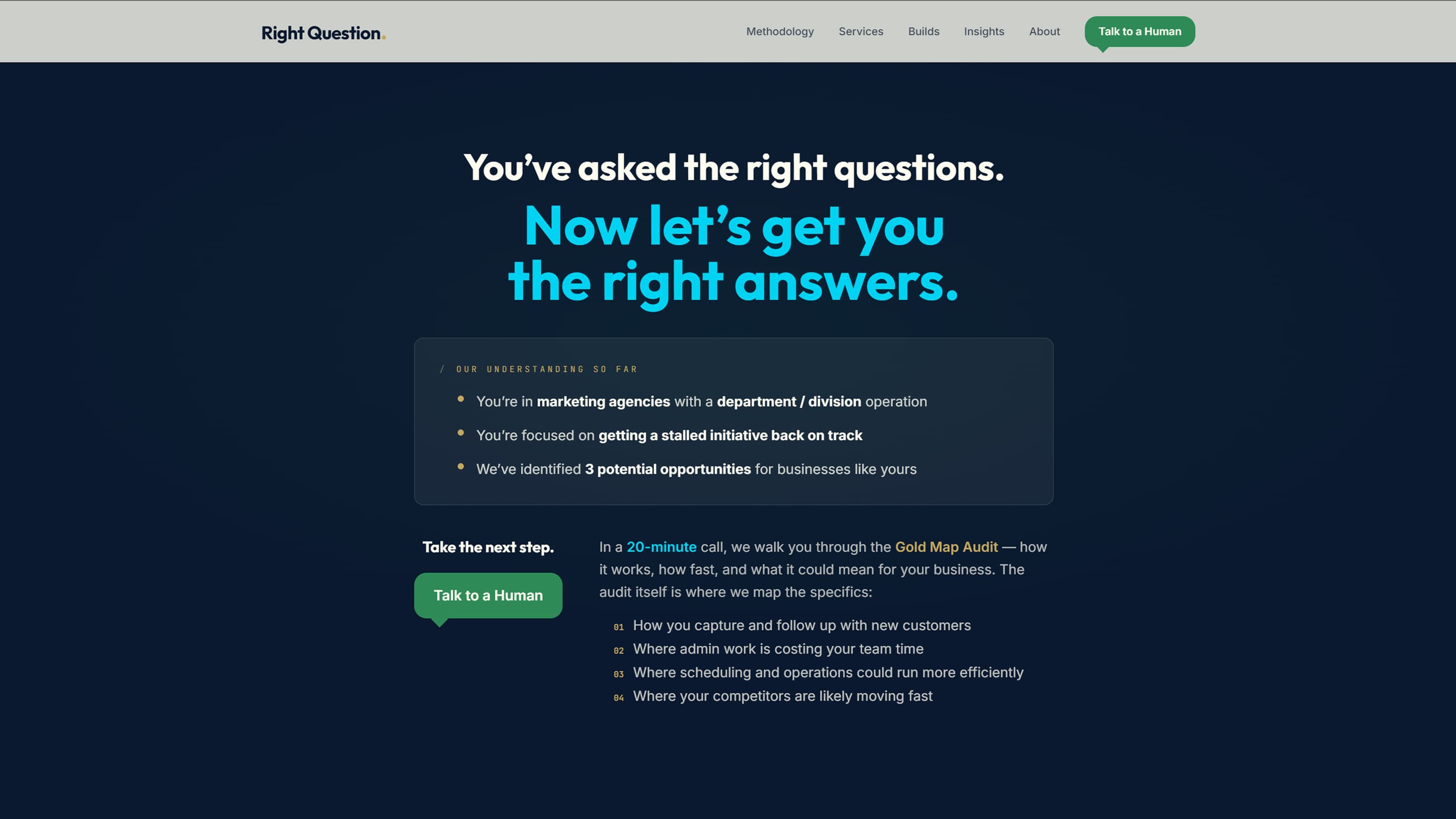 Right Question's own site — "You've asked the right questions. Now let's get you the right answers," with the Gold Map Audit next step