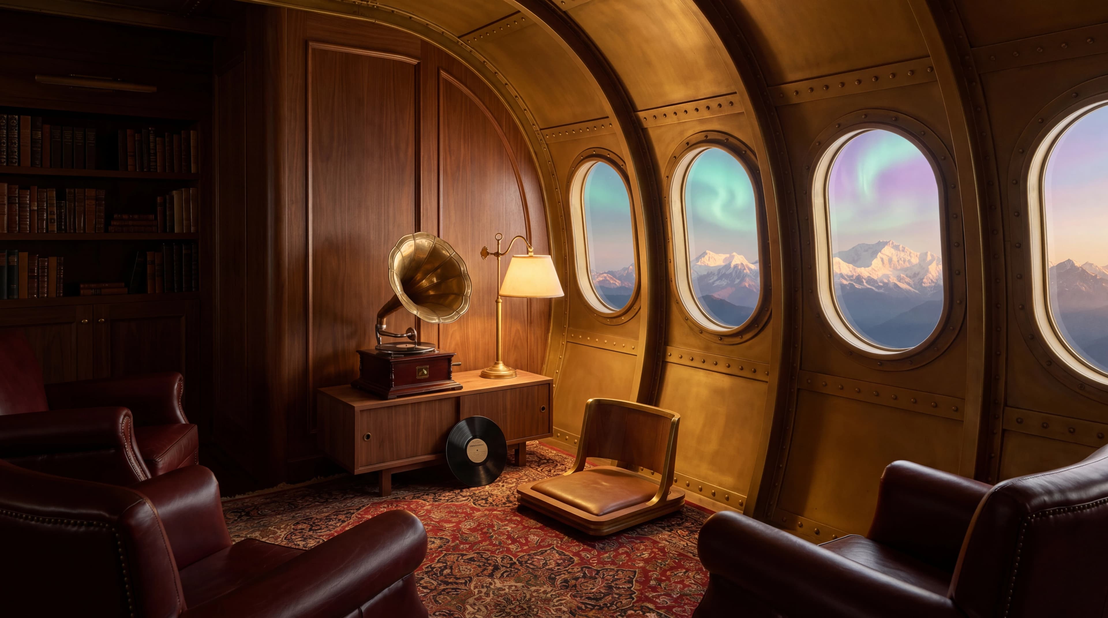 The Sanctum — a wood-paneled gondola drifting above the alps at dusk, aurora pressed to every porthole