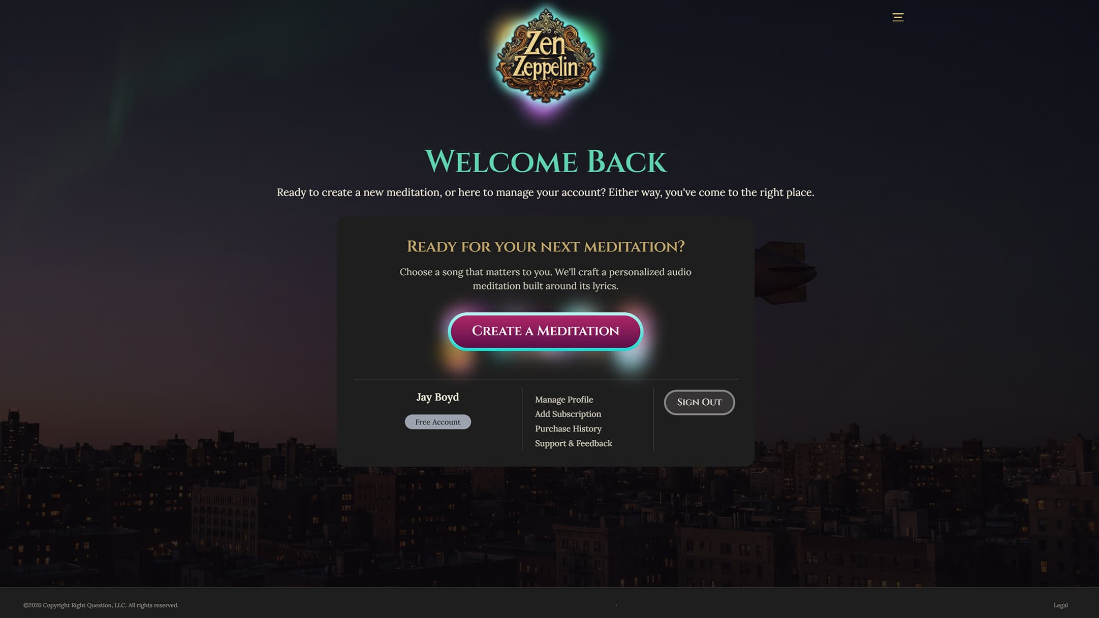 Sign back in — jump straight into a new meditation or manage the account