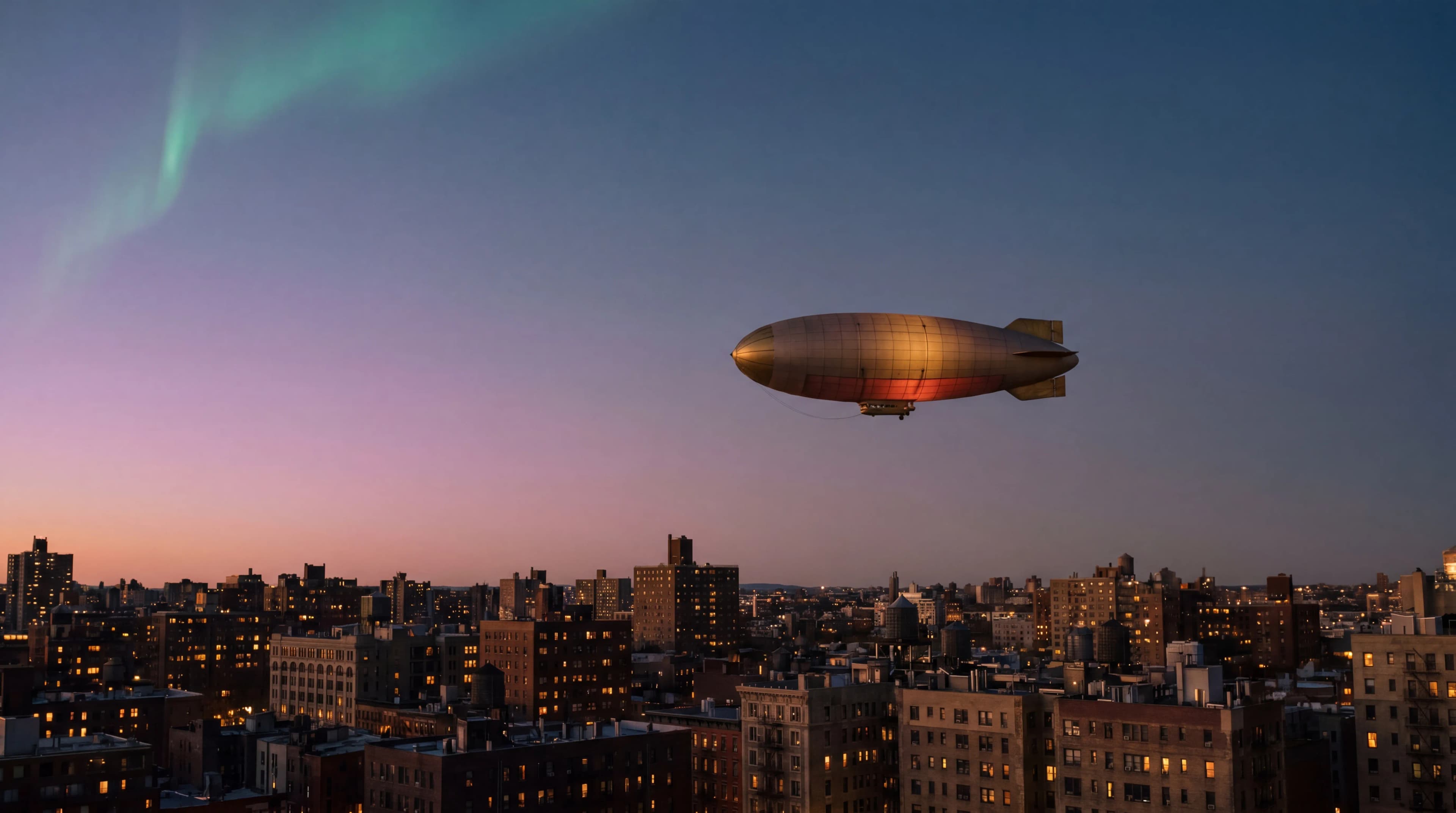 A Zen Zeppelin airship gliding over the city under aurora at dusk